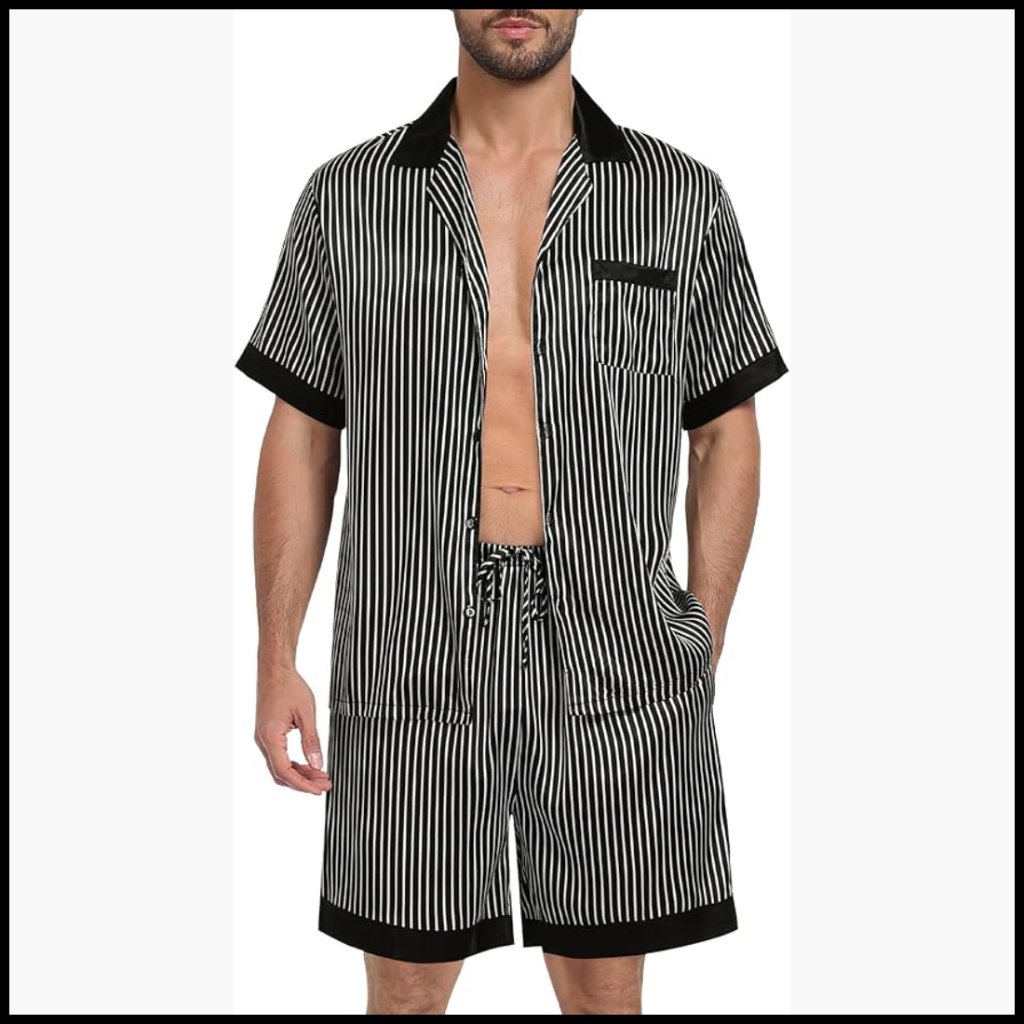 Men's Satin Pajama Set With Pockets Short Sleeve Button-Down